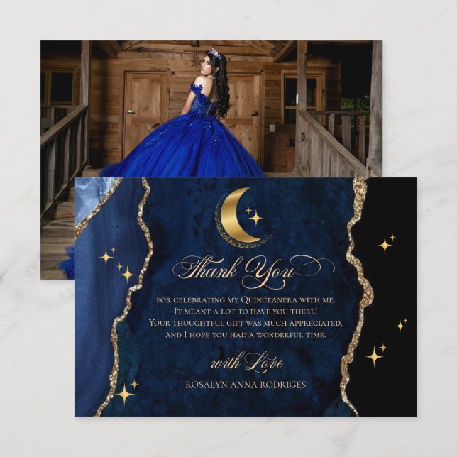 Celestial Blue Quinceanera Midnight Stars Moon  Dankeskarte (Vorne/Hinten)