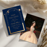 Celestial Blue Save the Date Geburtstag Quinceaner<br><div class="desc">Celestial Blue Save the Date Birthday Quinceanera Einladung mit einer goldenen Sonne, Mond und Sternen Rahmen auf einem blauen Hintergrund. Inside ist Ihre individuelle Quinceanera Save the Date Informationen und auf der Rückseite fügen Sie Ihr Lieblings-Foto. Personalisieren Sie den Text in den Textfeldern, indem Sie ihn bearbeiten. Entwickelt für Sie...</div>