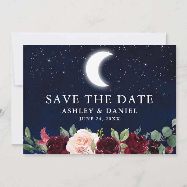 Celestial Blue Sky Moon Stars Floral Save the Date (Vorderseite)