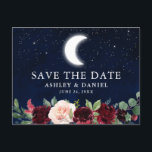 Celestial Blue Sky Moon Stars Floral Save the Date Postkarte<br><div class="desc">Die Ankündigung der Verlobung auf dem Himmelsweg Save the Date. Wasserfarbener Nachthimmel mit Sternen und dem Mond. Watercolor Burgundy Blue Pink Floral. Eukalyptus-Blätter im Grünen.</div>