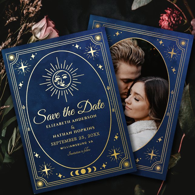 Celestial Blue Tarot Wedding Foto Save the Date Folieneinladung (Von Creator hochgeladen)