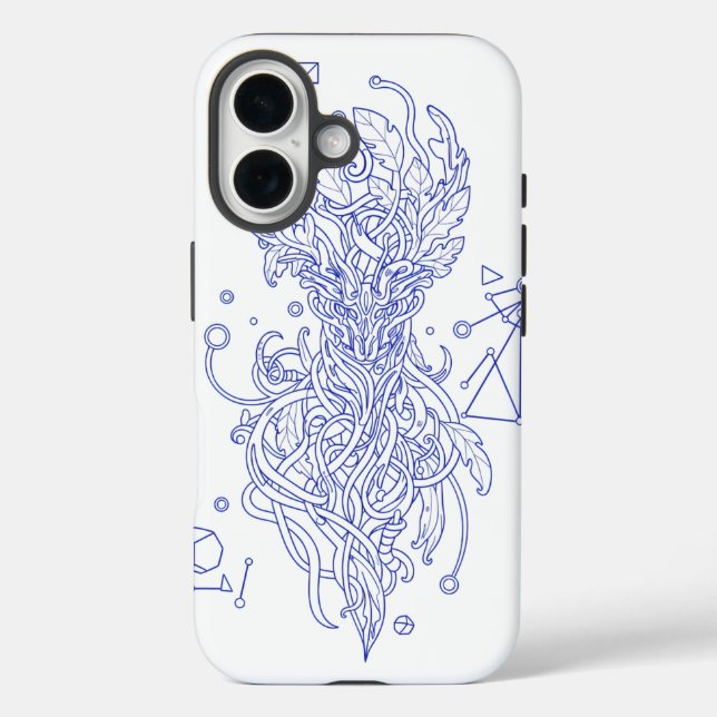 Celestial Blue Tree of Life Line Art: Geometric iPhone 16 Hülle (Rückseite)