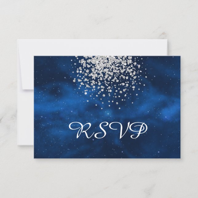 Celestial Blue Universe mit Silver Confetti RSVP Karte (Vorderseite)