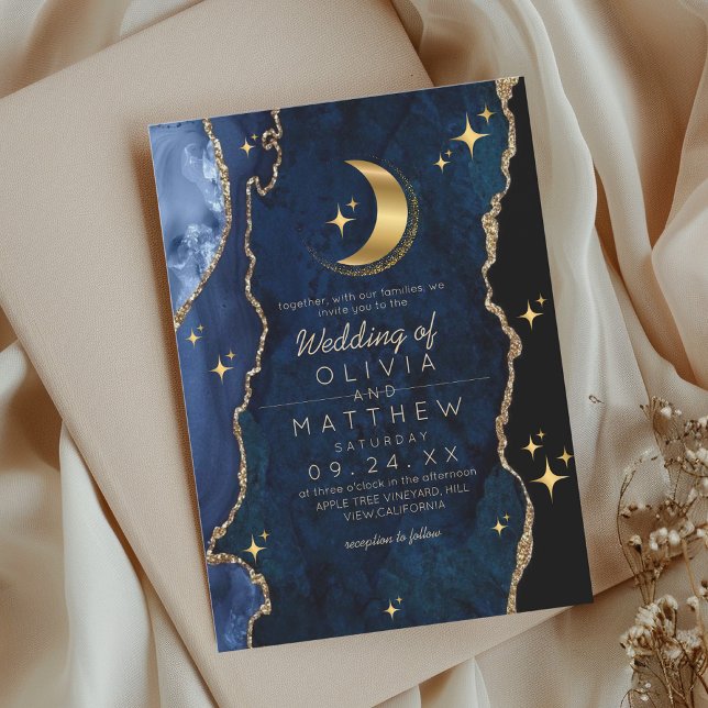 Celestial Blue Wedding Midnight Stars Moon Einladung (Von Creator hochgeladen)