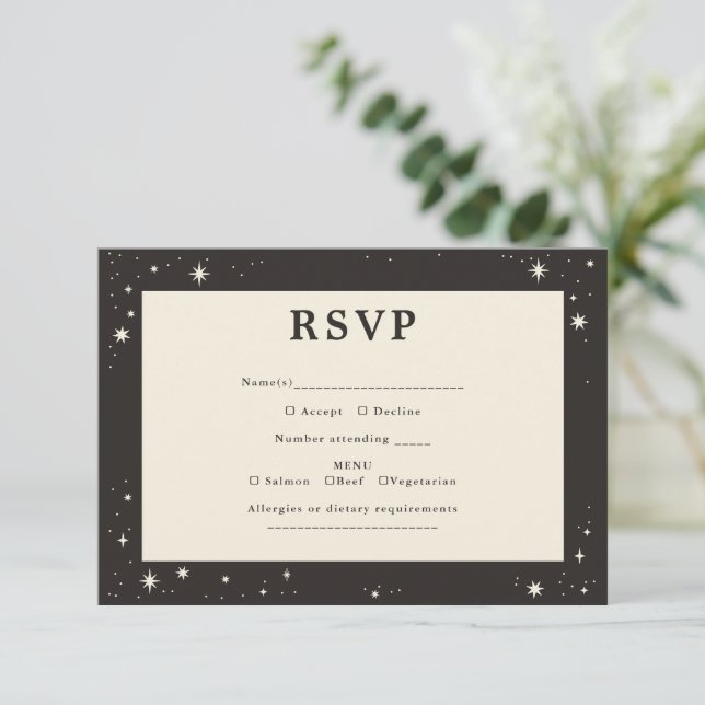 Celestial Boho stars Wedding RSVP Karte (Stehend Vorderseite)