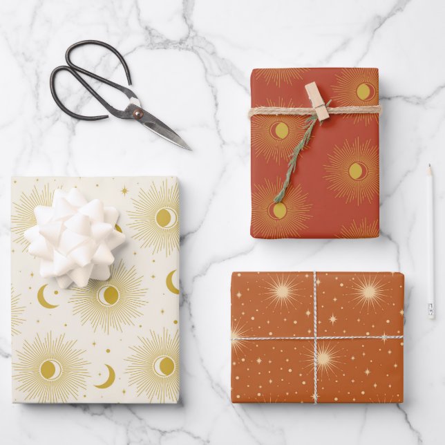 Celestial Boho Terracotta Gold Sun Moon Trendy Geschenkpapier Set (Vorderseite)