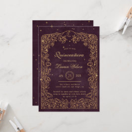 Celestial Burgundy Gold Exclusive Quinceanera Einladung