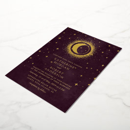 Celestial Burgundy Gold Moon and Stars Wedding Folieneinladung