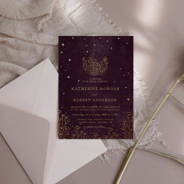 Celestial Burgundy Gold Moon and Stars Wedding Folieneinladung