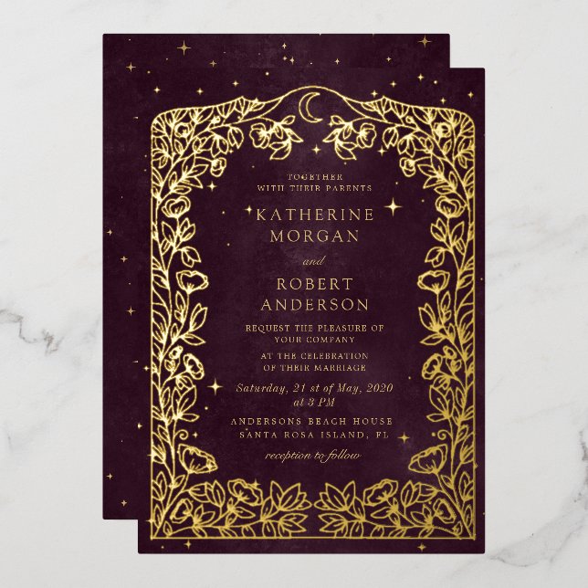 Celestial Burgundy Gold Moon and Stars Wedding Folieneinladung (Vorderseite/Rückseite)