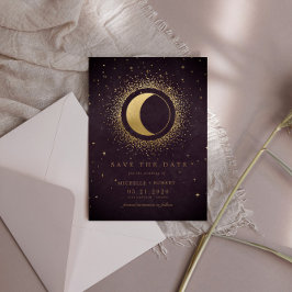 Celestial Burgundy Gold Moon Save the Date Einladung