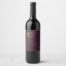 Celestial Burgundy Moon Wedding Wine Label Set Weinetikett