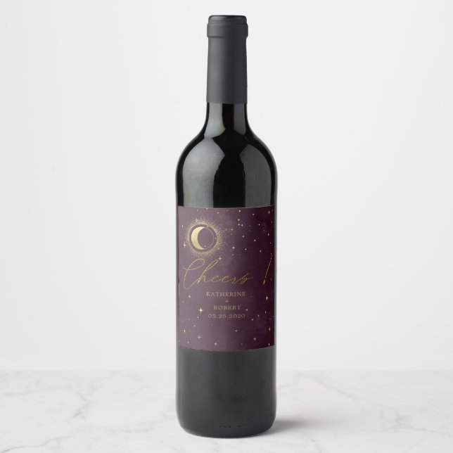Celestial Burgundy Moon Wedding Wine Label Set Weinetikett (Vorderseite)