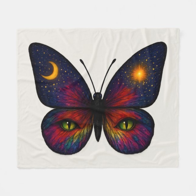 Celestial Cat-Eye Butterfly Colorful Sun Moon Boho Fleecedecke (Vorderseite (Horizontal))