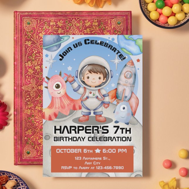 Celestial Celebration: Light Blue Astronaut Einladung (Light Blue Illustrative Astronaut Watercolor Birthday Invitation)