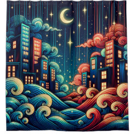 "Celestial Cityscape with Whimsical Waves" Duschvorhang