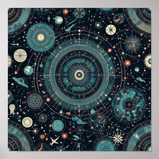 Celestial Compass: Vibrant Star Map auf Blue Poster (Vorne)