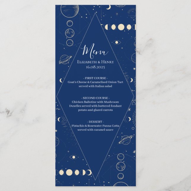 Celestial cosmic ethereal sun moon stars wedding menükarte (Vorderseite)
