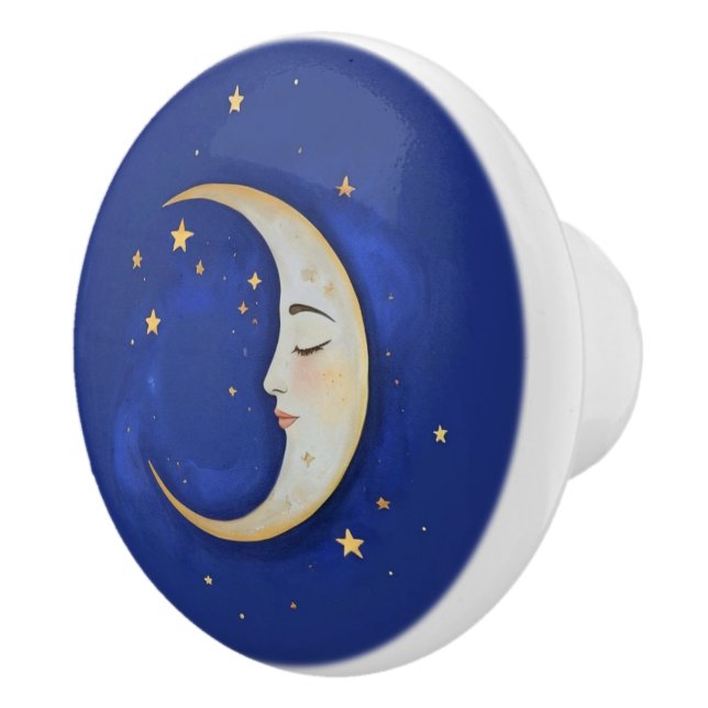 Celestial Crescent Moon mit Gesicht Gold Dunkelbla Keramikknauf (Rechts)