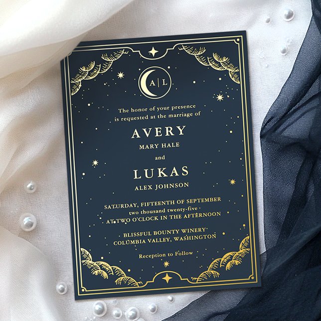 Celestial Crescent Moon Navy Blue Wedding Gold Folieneinladung (Von Creator hochgeladen)