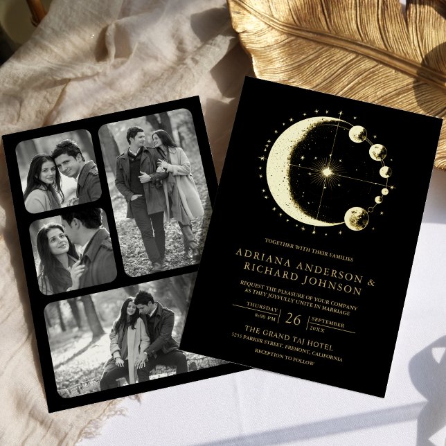 Celestial Crescent Moon Phases Black Wedding Gold Folieneinladung (Von Creator hochgeladen)