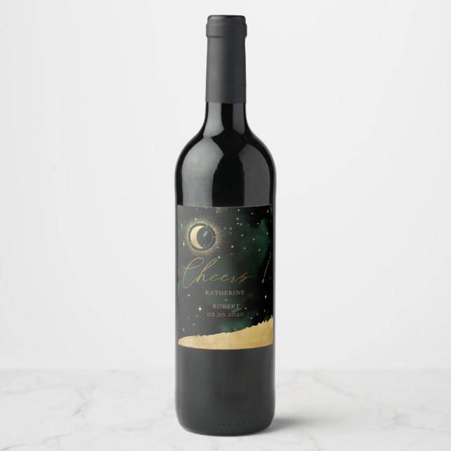 Celestial Crescent Moon Wedding Wine Label Set Weinetikett (Vorderseite)