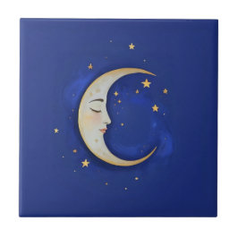 Celestial Crescent Moon with Face Gold Dark Blue Fliese