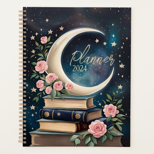Celestial Cresent Moon mit Büchern und Rose Planer (Vorderseite)