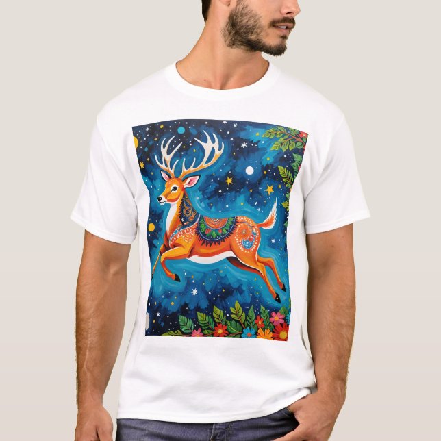 Celestial Deer - Gond Art in the Stars T-Shirt (Vorderseite)