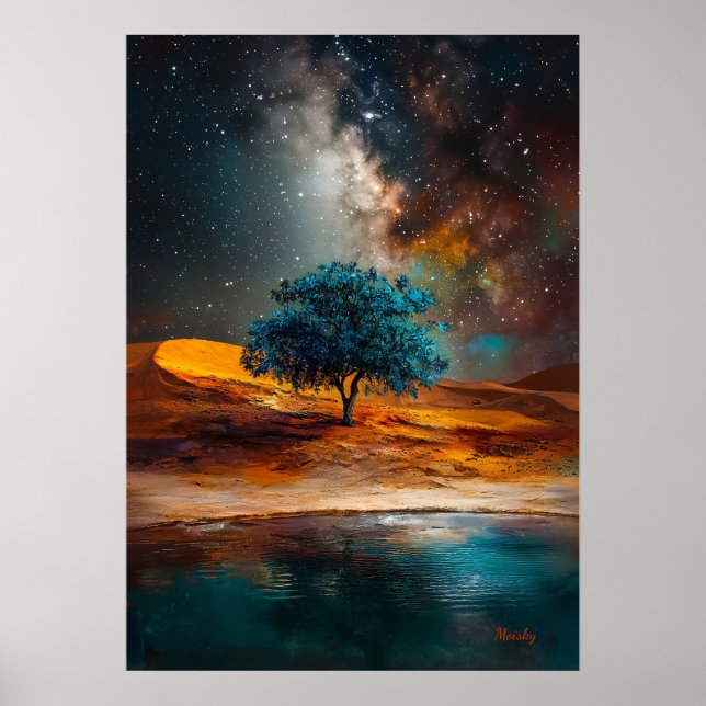 Celestial Desert - einsamer Baum unter der Milchst Poster (Vorne)