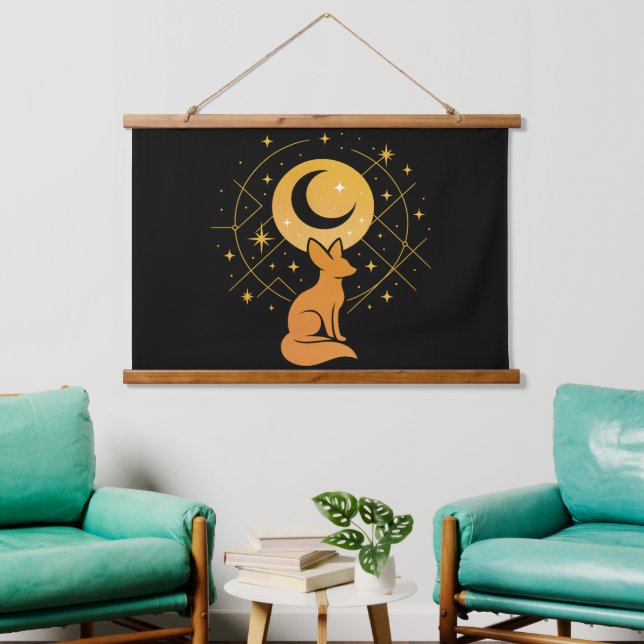 Celestial Desert Fox - Moon and Stars Cosmic Wandteppich Mit Holzrahmen (Wohnzimmer)
