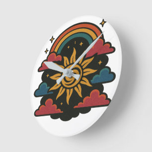 Celestial Dreams - Retro Sun & Rainbow Tarot Art Runde Wanduhr