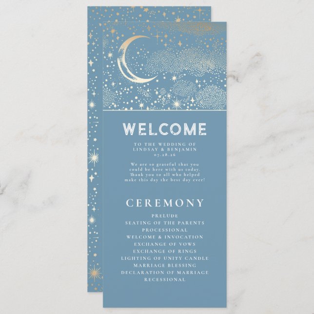 Celestial Dusty Blue and Gold Wedding Programs Programm (Vorne/Hinten)