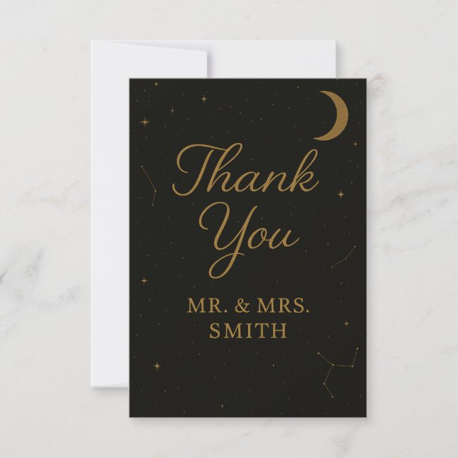 Celestial Elegant Black & Gold Wedding Vielen Dank Dankeskarte (Vorderseite)