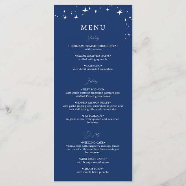 Celestial Elegant Navy Blue Wedding Flat Menu (Devant)
