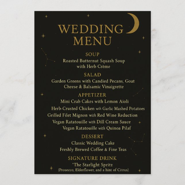 Celestial Elegante Black & Gold Wedding Menü Menükarte (Vorderseite)