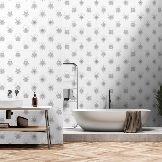 Celestial Elegante Gray & White Mandala Tapete (Badezimmer)