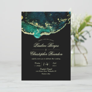 Celestial Emerald Black Gold Ink Wash Wedding Einladung