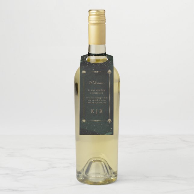 Celestial Emerald Gold Wedding Flaschenanhänger (Auf Flasche)