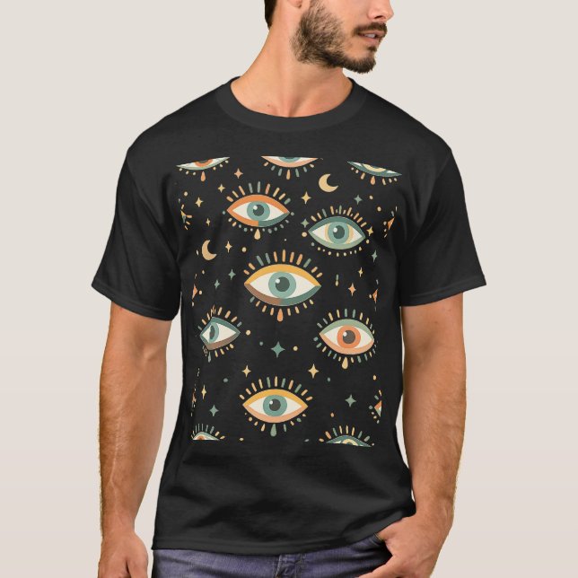 Celestial Evil Eye Pattern – Boho Mystical Moon T-Shirt (Vorderseite)