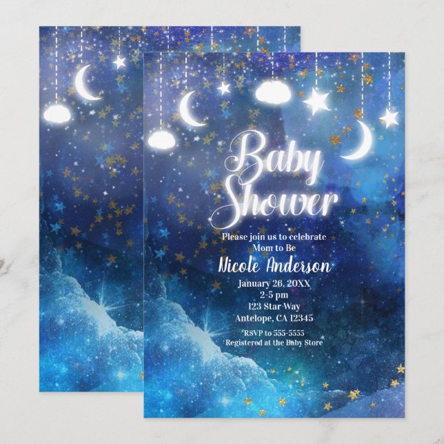 Celestial Fantasy Gold Stars & Glow Baby Shower Einladung (Vorne/Hinten)