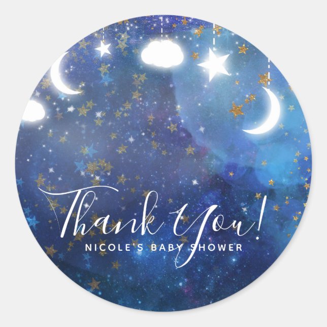 Celestial Fantasy Gold Stars & Glow Baby Shower Runder Aufkleber (Vorderseite)