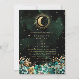 Celestial Floral Aquamarin Stars Moon Wedding Einladung