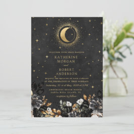 Celestial Floral Black Stars Moon Wedding Einladung