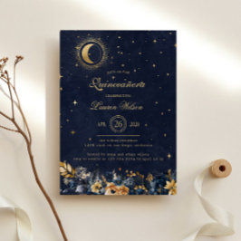 Celestial Floral Blue Gold Stars Quinceanera Einladung