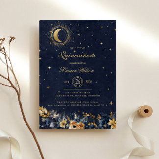 Celestial Floral Blue Gold Stars Quinceanera Einladung