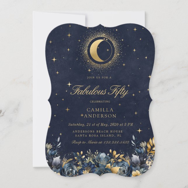 Celestial Floral Blue Stars Moon Birthday Einladung (Vorderseite)