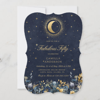 Celestial Floral Blue Stars Moon Birthday Einladung