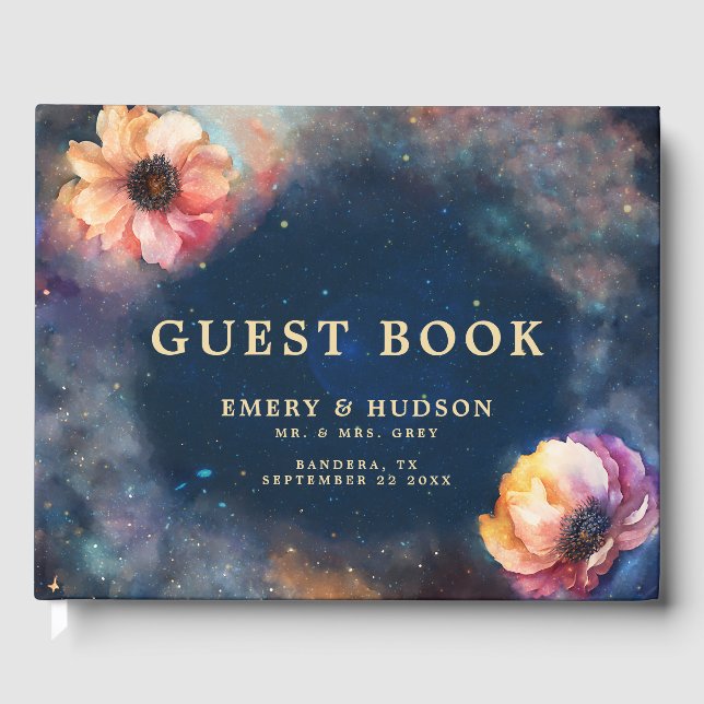 Celestial Floral Galaxy Starry Night Blue Wedding Gästebuch (Vorderseite)