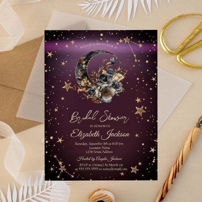 Celestial Floral Moon, Stars Burgund Brautparty Einladung (Von Creator hochgeladen)